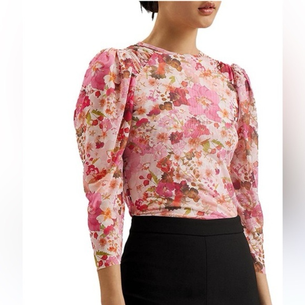 Ted Baker Pink Floral Puff-Sleeve Top
